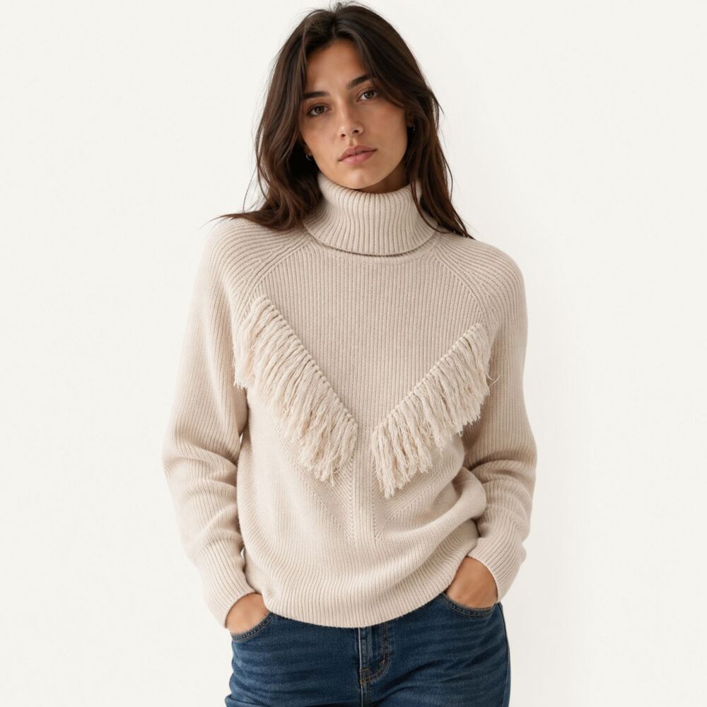 Haute Hippie Merino Wool Fringe Turtleneck Sweater Cream S